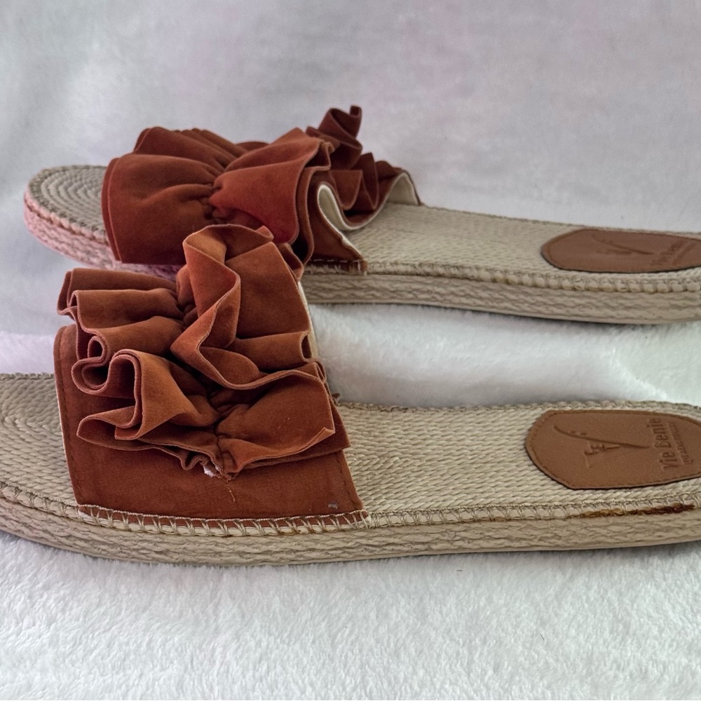 Vie Benie Ruffle Slide Sandals Size 42 (US 10-10.5) Boho Espadrille Brown Summer - Picture 7 of 9